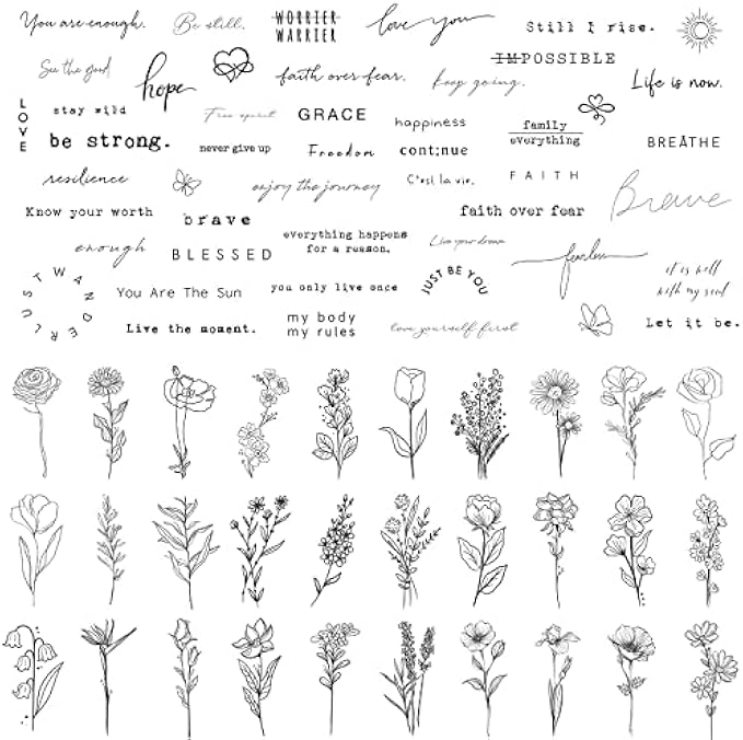 TATUWST Realistic Temporary Tattoos - 60 Sheets Tiny Small Removable Tattoos, 30 Pcs Inspirational Quotes Words Tattoos, 30 Pcs Wild Flower Ink Line Botanical Floral Leaf Tattoo Stickers for Women