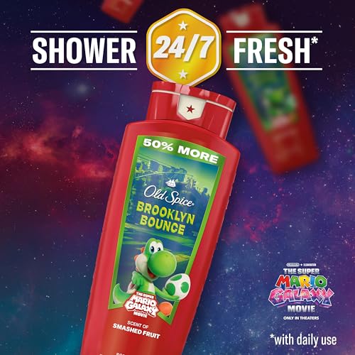 Image of Old Spice Body Wash for Men, x The Super Mario Galaxy Movie, 3X Defense, 24 /7 Shower Fresh with Long Lasting Scent, Smell Super with Brooklyn Bounce, Smashed Fruit Scent, 24 oz
