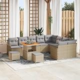 QJBSAVVA Salon de jardin 12 pièces en polyrotin beige avec table en bois d'acacia 11 places pour balcon, terrasse et jardin
