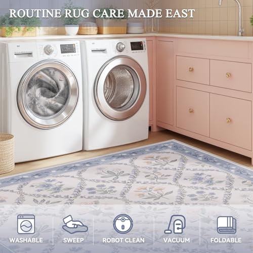 Dadasgk Floraison Floral Entryway Rug 2x3 Soft Washable Rugs Non Slip Low Pile Door Mat Indoor Enterance Small Chinoiserie Flower Lightweight Boho Throw Carpet for Bedroom Bathroom Entry Blue/Pink by Dadasgk - Used condition - Image 8