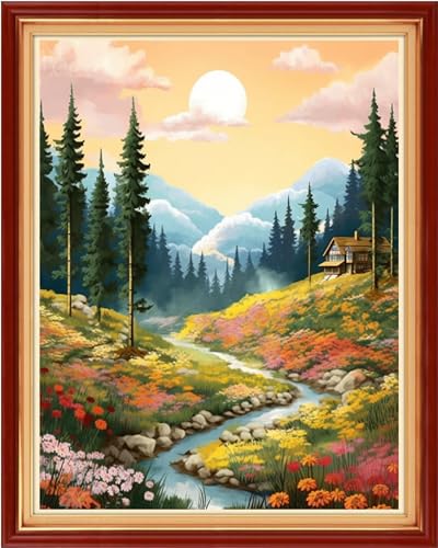 Image of Dooxvey Cross Stitch Kit for Adults Beginners - Stamped Needlepoint Embroidery Kit, 11CT Pattern, Sunrise Forest Theme, 16x20 Inch