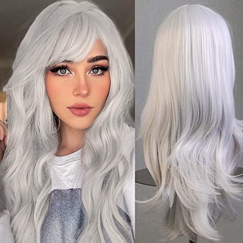 Colorfulpanda 28" 70cm Long Grey Curly Full Wavy Hair Wig Anime Cosplay Halloween Costume Party Synthetic Wigs for Women Silver White