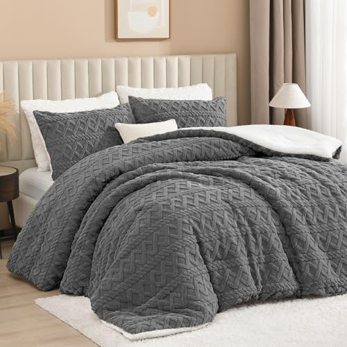Andency Sherpa King Comforter Set, Gray Fleece, 3 Pieces