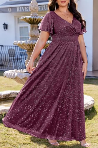 Image of Talisea Plus Size Formal Dresses - V Neck Flutter Sleeve Glitter Prom Evening Gowns Wedding Guest Chiffon Long Maxi Dress