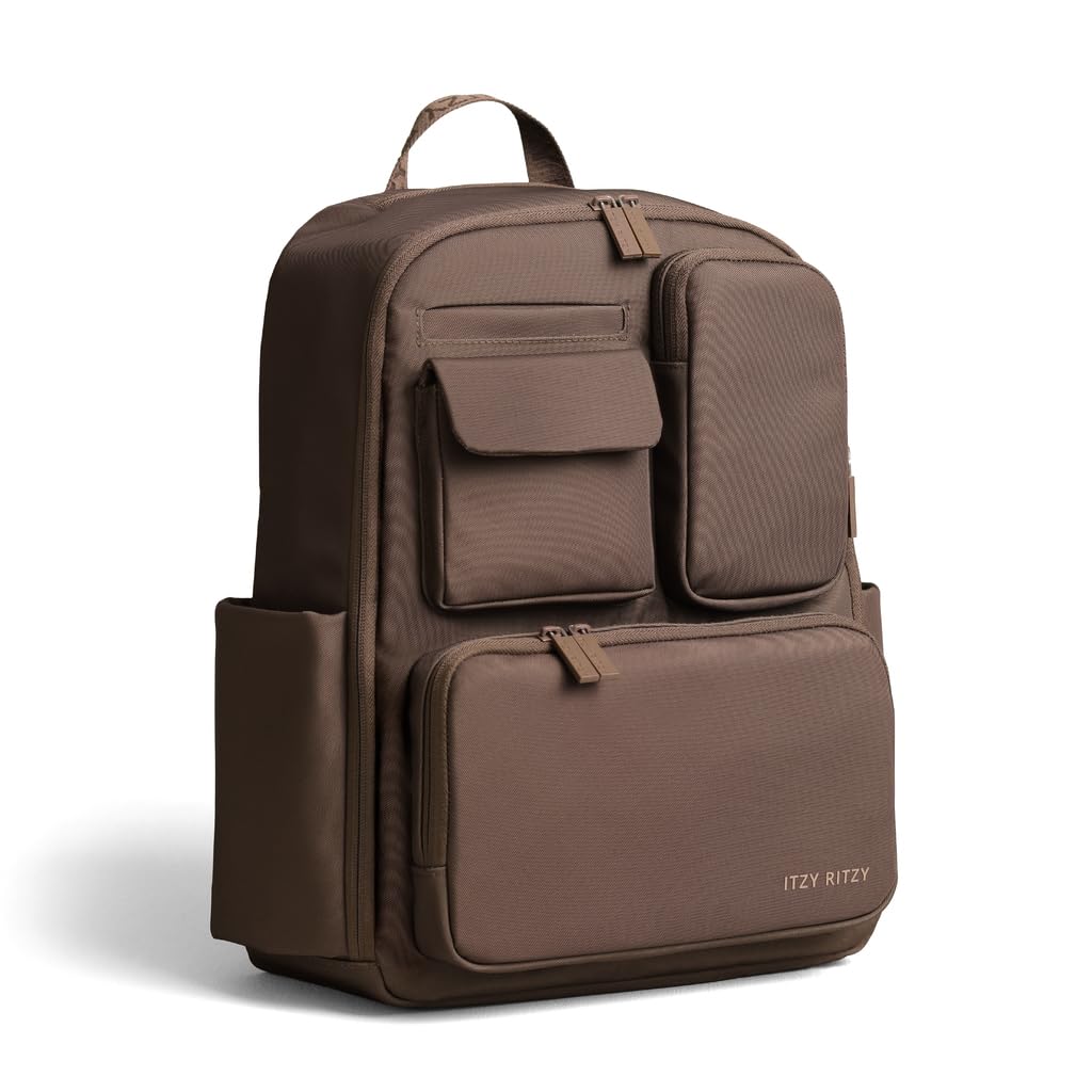 Photo 1 of Itzy Ritzy Utility Diaper Bag Backpack – Features 17 Pockets (Including 2 Insulated Bottle Holders) & Trolley Sleeve and Includes Stroller Straps & Changing Pad – Part of the Belong Collection (Mocha)