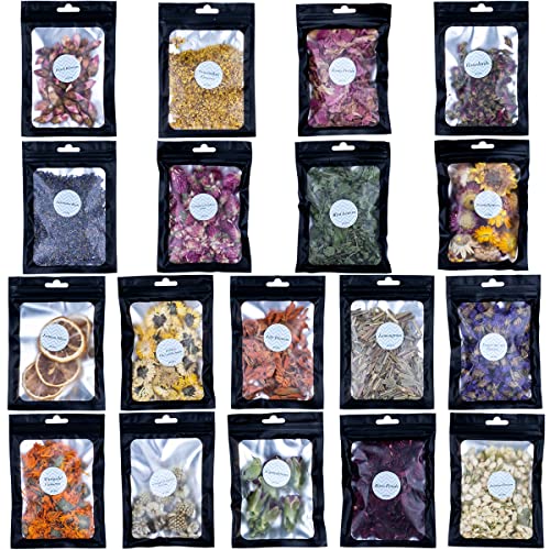 Dried Flowers, 18 Pack Natural Dried Flower Herbs Kit For Bath, Bomb, Soap, Resin, Candle Making, Include Rose Petals, Rosebuds, Lavender, Jasmine Flowers, Lily, Lemon Slice And More #TOP1