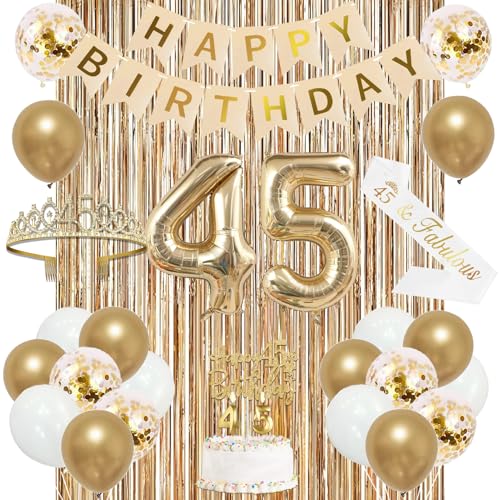 Image of Trgowaul 45th Birthday Decorations for Women, Banner, Sash and Crown, Cake Topper, 45 Number Balloon, Fringe Curtains, Champagne Gold 45th Birthday Party Supplies