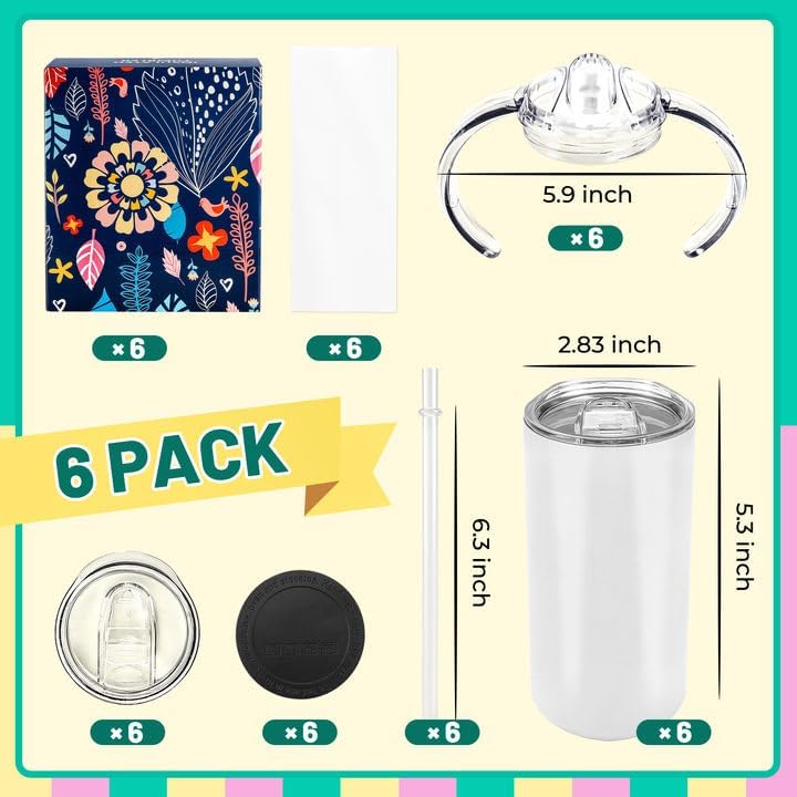 Joyclub 6 Pack Sublimation Sippy Cups Toddler Tumbler Blanks 12 oz Kids Sublimation Tumbler with Handle Stainless Steel Insulated Skinny Straight with Splash-proof Lid and Straw - Image 3