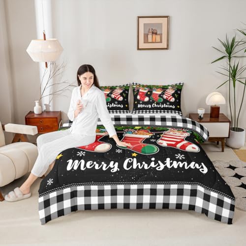 Homewish Merry Christmas Comforter Set King Size,Cartoon Christmas Stocking Bedding Set 3Pcs,Vintage Black White Check Quilt Set for Kids Girls Boys Room Decor Xmas Tree Duvet Insert,2 Pillowcases