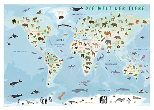 GeoMetro Sticker-Karte: Weltkarte für Kinder mit großem Stickerbogen von Tieren zum Aufkleben, DIN A1 mit Laminierung, abwischbar, Kinderkarte, Lernposter auf Deutsch Cover