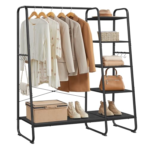 VASAGLE Clothes Rail, Clothes Rack with Shoe Shelf, 5-Tier Storage Rack, 6 Side Hooks, for Bedroom, Living Room, Ebony Black and Matte Black RGR116B02
