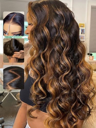 Image of Sunber Highlight Brown Body Wave Balayage 7x5 HD Lace Front Human Hair Wig | Ombre Glueless Wigs Human Hair Pre Cut Elastic Drawstring 150% Density Ready To Go Pre Plucked Bleached Invisible Knots 20 inch