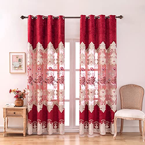 ELKCA Luxury Burgundy Red Chenille Floral Embroidered Curtains for Bedroom Peony Floral Curtains for Bedroom,Grommet Top,52" W x 84" L,2 Panels