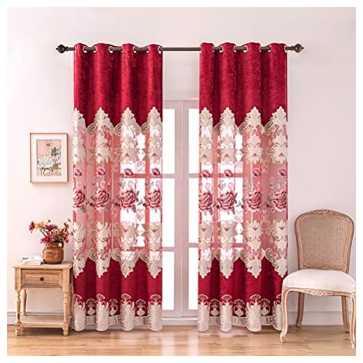 ELKCA Luxury Burgundy Red Chenille Floral Embroidered Curtains for Bedroom Peony Floral Curtains for Bedroom,Grommet Top,52" W x 84" L,2 Panels