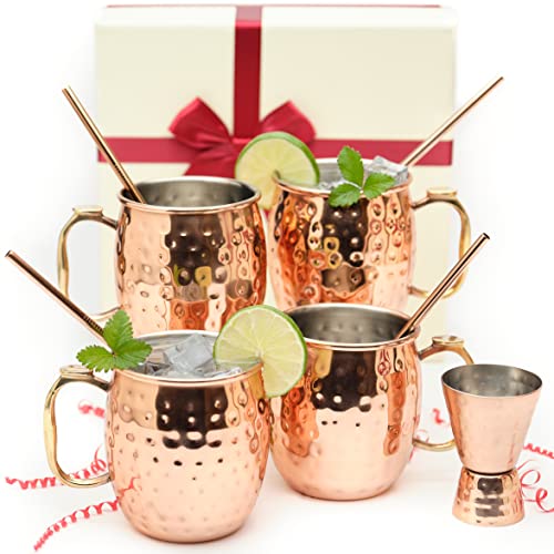 [Gift Set] Kitchen Science Moscow Mule Mugs, Stainless Steel Lined Copper Moscow Mule Cups Set of 4 (18oz) w/Straws & Jigger | Tarnish-Resistant Stainless Steel Interior (Set of 4)