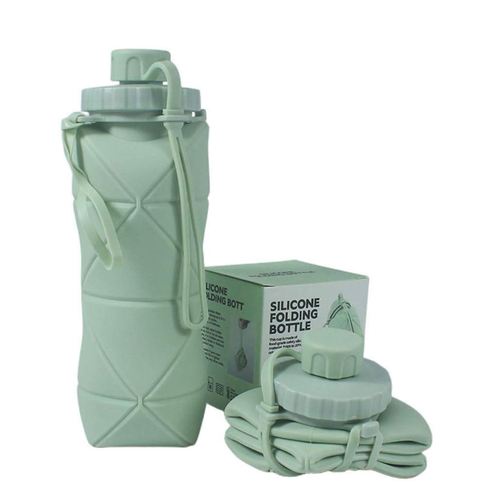 600ml/21oz,Collapsible Silicone Water Bottle, Foldable Leak-Proof Portable Bottle BPA-Free & Leakproof Bottle Reusable Portable Cup for Travel Camping Hiking Cycling Yoga Sports Outdoor (Green)