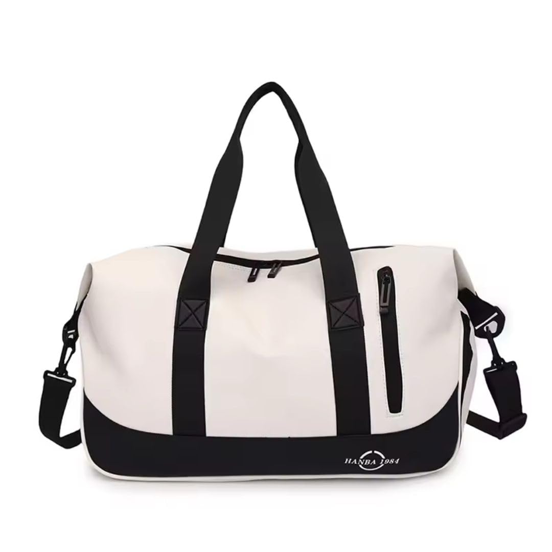 PU Coated Weekender Duffle Bag, 30L Water Resistant Travel Bag with Shoe Compartment, Wet Clothes Pocket, Trolley Sleeve, Detachable Shoulder Strap (White)-image-31