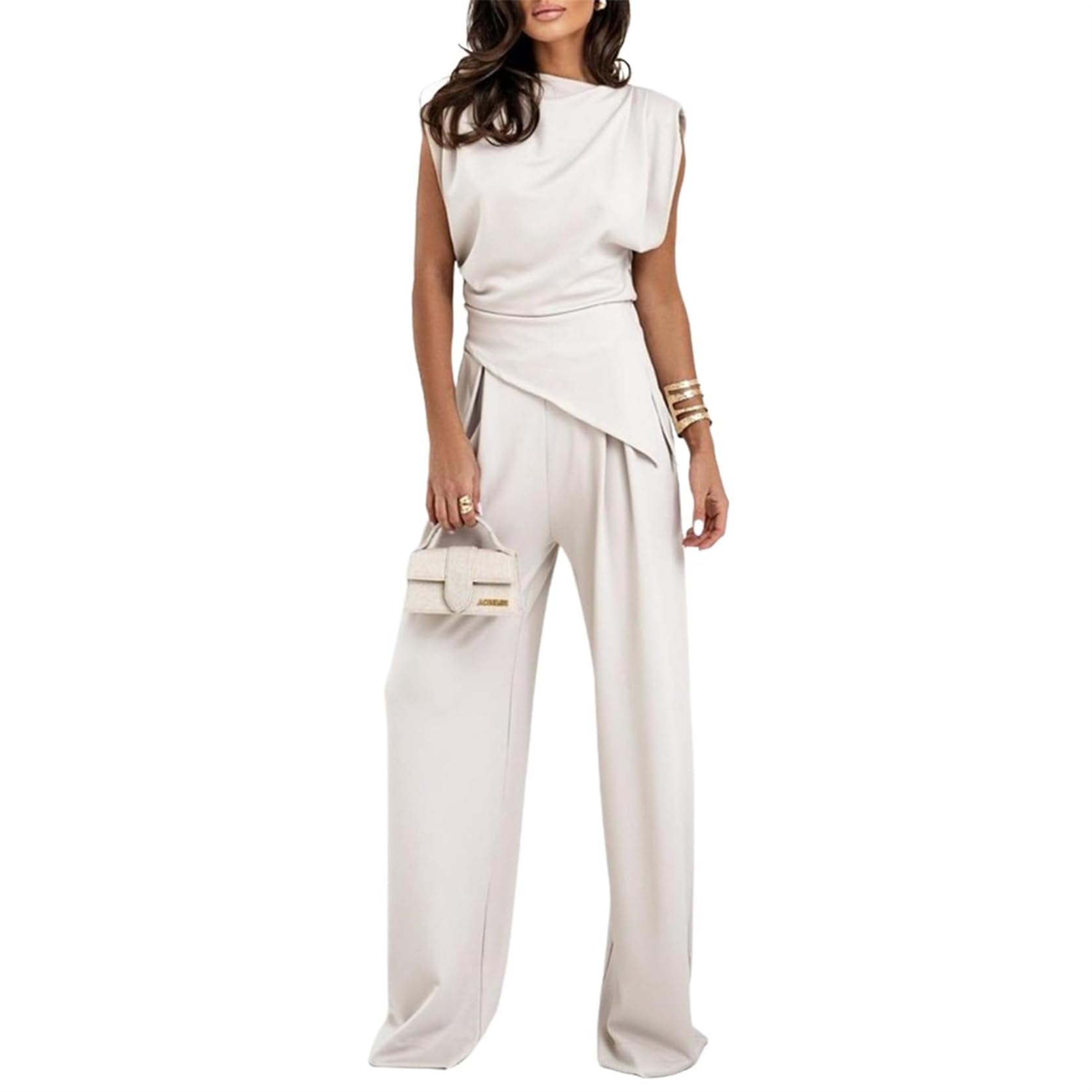 Ensemble d'affaires décontracté plissé sans manches à col rond pour femme - Haut irrégulier de couleur unie et pantalon taille haute