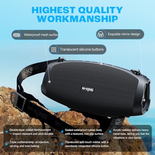 W-KING Bluetooth Lautsprecher Groß, 120W Peak Musikbox Bluetooth Box Lautsprecher Wasserdicht IPX6 Stereo Outdoor Party Boom Box, DREI Passive Radiatorens-Super Bass/DSP/2 Woofer/42H/TF/AUX/EQ/Öffner