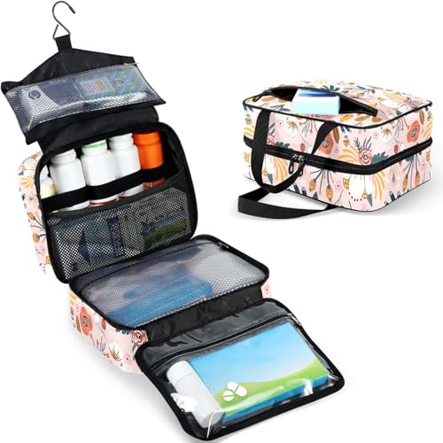 Travel Toiletry Bag for Woman/Men,Pink Floral Boho Hanging Organizer Bag with Pockets Portable Folding Travel Case Bags for Makeup Cosmetic Toiletries Storage Traveling-L3
