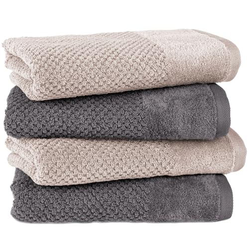 Pure Label 4-TLG. Handtücher Set mit Aufhängeschlaufen aus 100% Baumwolle, saugstark und weich - 4er Pack Handtücher 50x100 cm auf feinster aus feinster Baumwolle, Anthrazit | Stein