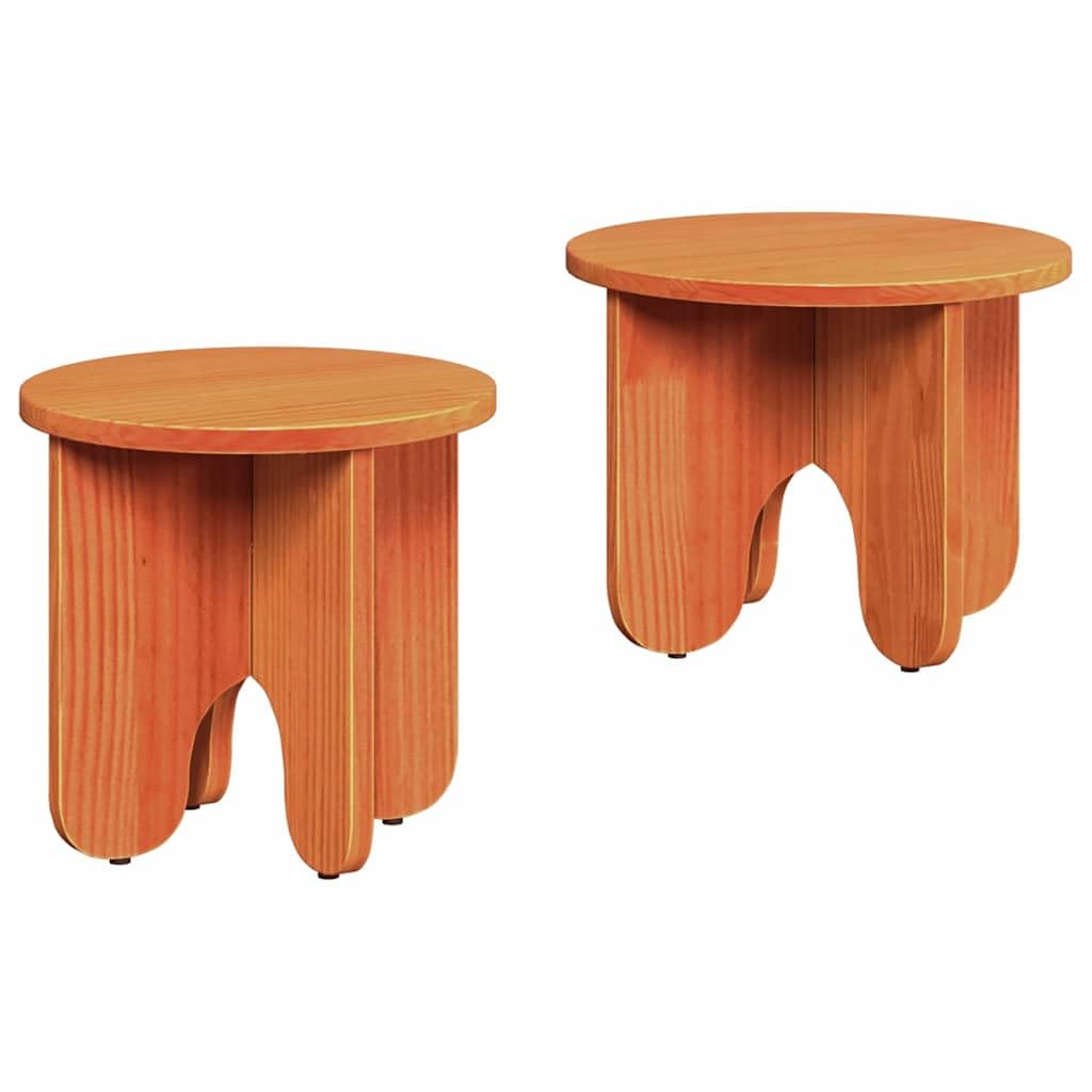 Juego de mesa de café de 2 piezas, color marrón cera, madera maciza de pino, diseño redondo para salón, mesa auxiliar moderna, fácil montaje, duradera