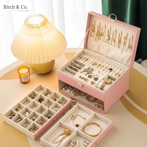 Image of Birch & Co. Jewellery Box - 3 Layer jwell organizer storage box, Portable Travel-Friendly Storage. Elegant Storage Case for Rings, Earrings, Necklaces & Bracelets, Pink