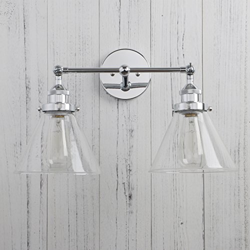 Image of Permo Vintage Industrial Antique 2-Lights Wall Sconces with Dual Funnel Clear Glass Shade (Chrome)