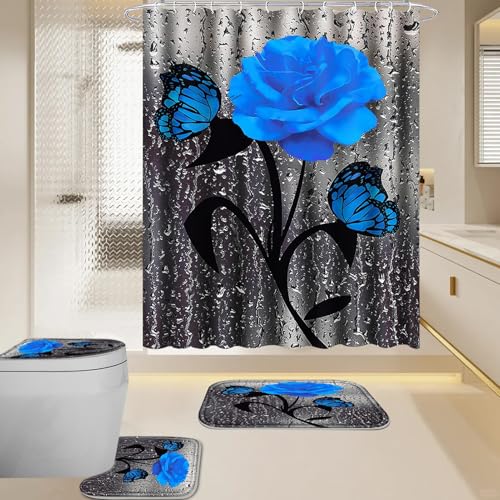 BXFUL 4 Piece Waterproof Shower Curtain Set for Bathroom-Rose-Non-Slip Bath Mat and 12 Hooks,Curtain Set with Rug,Toilet Lid Cover Bathroom Decoration (Blue)