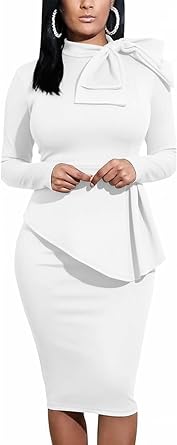 PerZeal Womens Peplum Bodycon Long Sleeve Wear to Work Dresses Bow Party Club Ruffle Formal Cocktail Pencil Dress