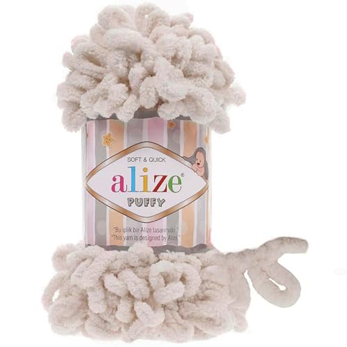 Alize Puffy Finger Loop Yarn - Micropolyester Soft Chenille Chunky Yarn For Hand Knitting Blanket No Needles Prelooped Yarn For Faster & Easier Knitting - Beginner Knitting Yarn, 1 Skn, 100G 599 Ivory #TOP24