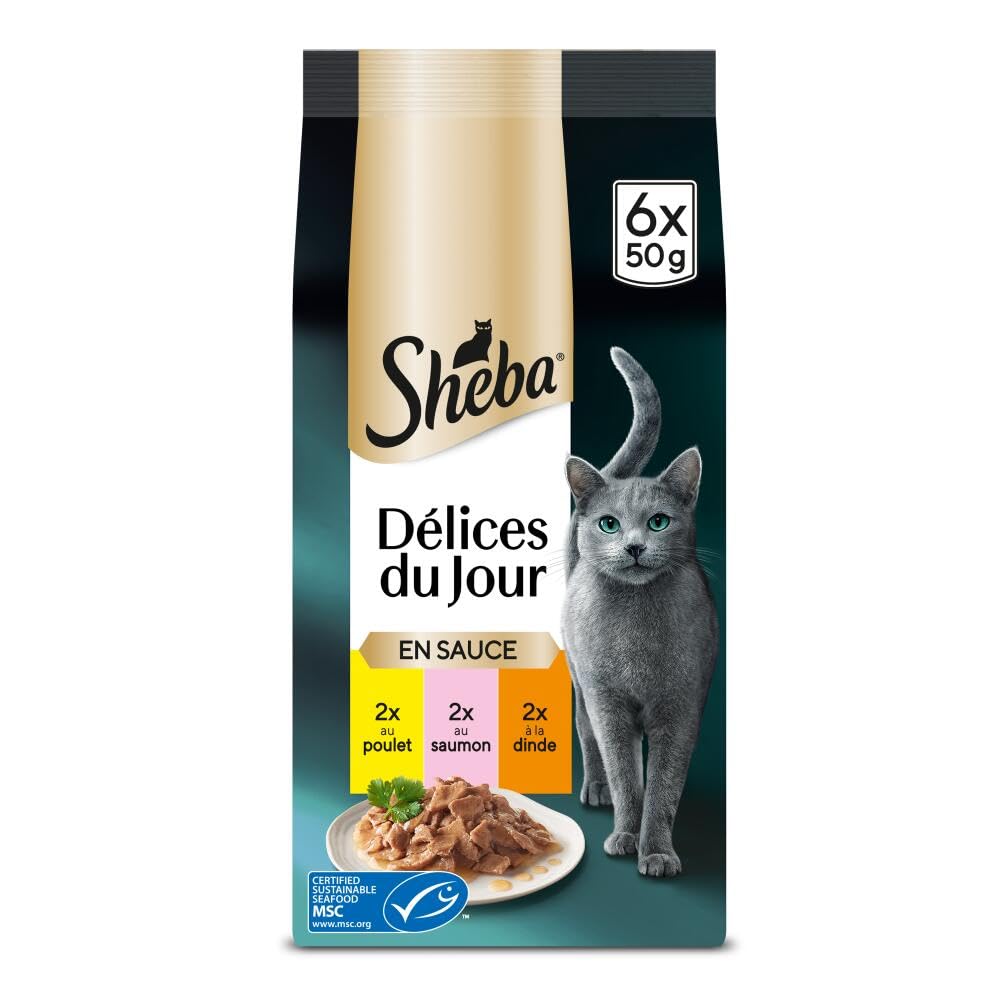 Sheba Délices du Jour Set de 12 x 6 Sachets Fraîcheur à La Volaille/aux Poissons en Sauce pour Chat 50 g