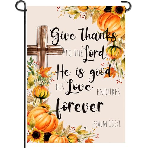 DECORLUXES Bandera de otoño para jardín de Acción de Gracias, con texto en inglés "Give Thanks to The Lord Harvest", para patio, decoración al aire libre (bandera de jardín)