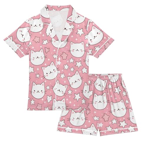 Pink Cat Stars Pajamas Set Summer Button Down Sleepwear Pjs Sets Comfy Loungewear