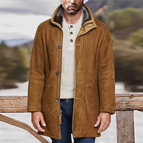 Men's Vintage Suede Fleece Lined Long Trench Coat Long Sleeve Full Zip Stand Collar Windbreaker Jacket Winter Warm Outwear Brown #TOP6