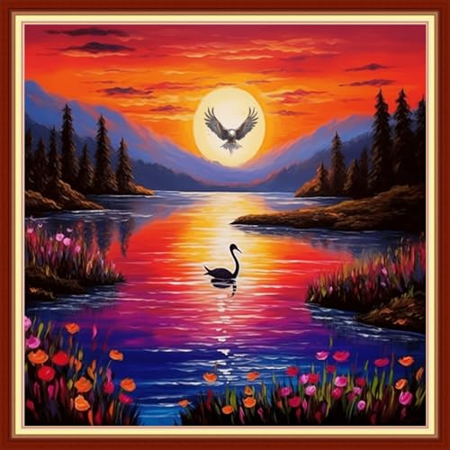 Image of Joyhoor Stamped Cross Stitch Kits for Beginners Needlepoint Kits for Adults Embroidery Kits 11CT Counted Cross Stitch Kits Printed Embroidery Pattern-Sunset Scenery 18x18 inchs