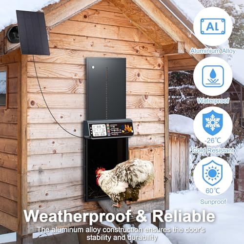 Image of Automatic Chicken Coop Door Solar Powered, LCD Display Automatic Chicken Door with Timer & Light Sensor, Solar Chicken Coop Door with Remote Control, Anti-Pinch Function and Made of Al-Alloy