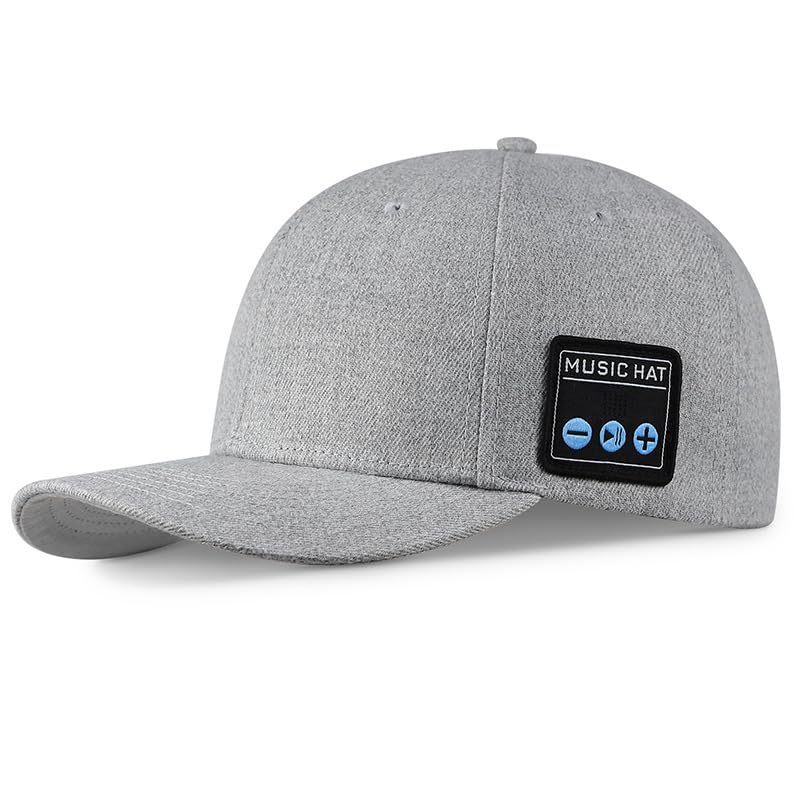 Denash Bluetooth Music Cap Drahtloser Sprecherhut mit 6H Playtime & Waschable Design für das Laufende Fitnessstudio Outdoor (Grau-weiß)