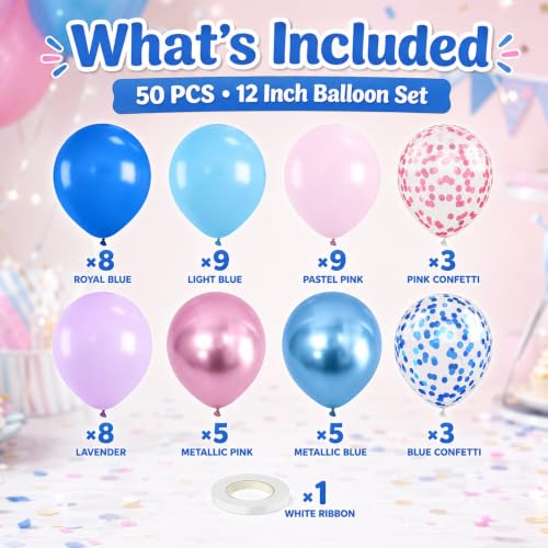 Image of Pink and Blue Balloon, 50Pcs 12 Inch Pastel Pink Blue Purple Confetti, Royal and Metallic Confetti Balloons for Birthday, Baby Shower, Gender Reveal Supplies