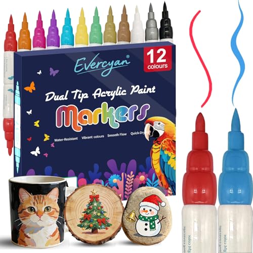 Evercyan 12 Colour Acrylic Paint Markers Dual Tip (Brush & Bullet) Quick-Dry Water-Resistant Acrylic Paint Pens for Adults Artists & Crafters for Canvas Fabric Glass Wood & Paper Art