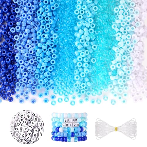 Blue and White Pony Beads 1200Pcs 6x9mm Pony Bead Bulk and 100Pcs Square Letters Large Hole Hair Bead for Braids for Girls Kids Plastic Kandi Beads for Bracelets Jewelry Making DIY Crafts(8 Colors)