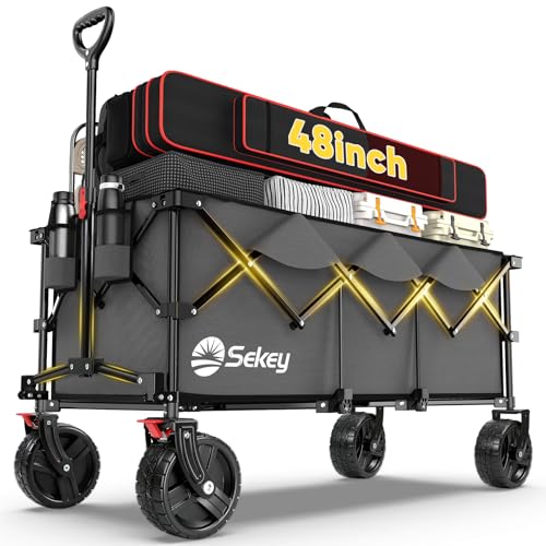 Sekey 48''L Collapsible Foldable Extended Wagon with 660lbs Weight Capacity, Heavy Duty 300L Folding Utility Garden Cart with Big All-Terrain Beach Wheels & Drink Holders. Grey
