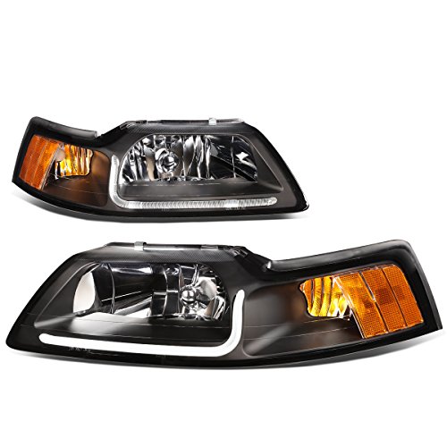 LED Light Bar DRL Strip Headlights Assembly Headlamp Kit Compatible with Ford Mustang 1999-2004, Driver and Passenger Side, Black Housing, Clear Lens