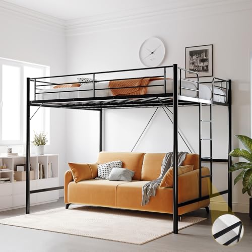 VINGLI Queen Loft Bed with Flat Rungs for Adults Kids and Young Teens No Box Spring Required Heavy Duty Metal Slat Support Black
