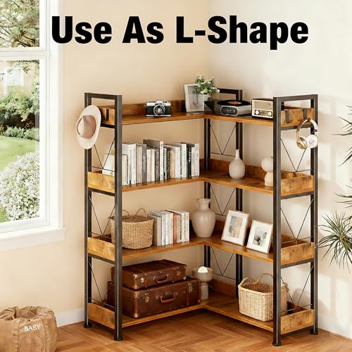 Image of HealSmart 5 Tier L Shape Bookshelf, 65 inch Corner Bookcase with Hooks and Edge, Industrial Wooden Bookcase with Open Shelves and Metal Frame for Living Room, Bedroom, Home Office, Kitchen, Brown