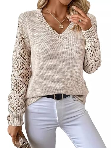 Image of ZAFUL Women's Cropped Sweater V-Neck Long Sleeve Pullover Jumper Knit Top | Crop Length, Ribbed Knit, Double V design, White sweater, Raglan sleeves, lantern sleeve, Fall & Winter, Loose fit, Oversized