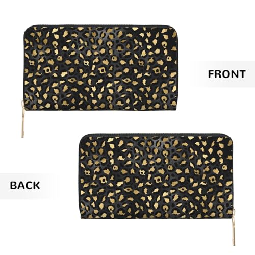 Gold Black leopard print Wallet Women Men, Long PU Leather Wallets for Women, Cute Womens Travel Wallet Purse Pouch with Zipper Pocket2