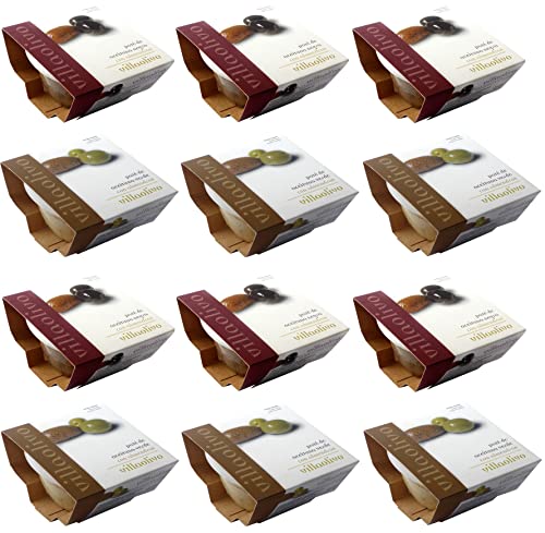 Villaolivo - Pack 12 Uds. 125 gr. Paté o tapenade de aceitunas verdes con almendras y aceitunas negras con almendras 100% natural