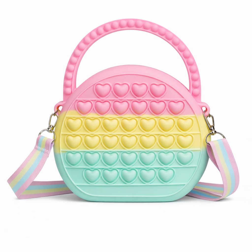 Cute Kids Pop It Sling Bag | Soft Silicone Rainbow Heart Handbag with Handle (Pink Multi)-image-21