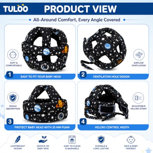 Image of Baby Infant Toddler Helmet No Bump Safety Head Cushion Bumper Bonnet Adjustable Protective Printed Cap Child Safety Headguard for Running Walking Crawling Safety Helmet (Black)